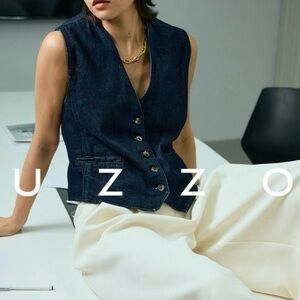 UZZO Dark Wash Denim Vest Sleeveless Button Front Minimalist S